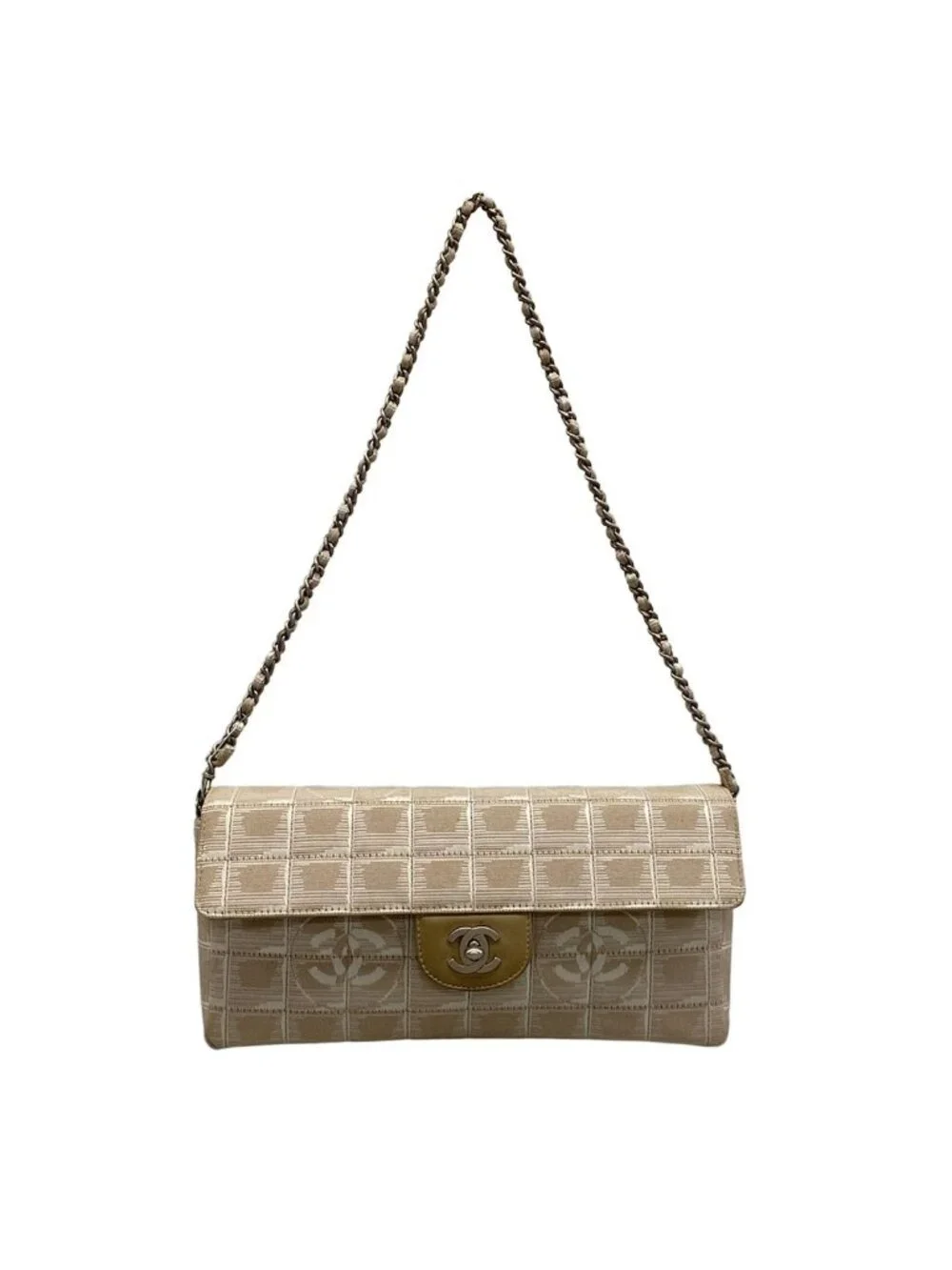 Chanel Shoulder Bag New Travel Line Choco Bar Stitch Beige Chain Silver Leather